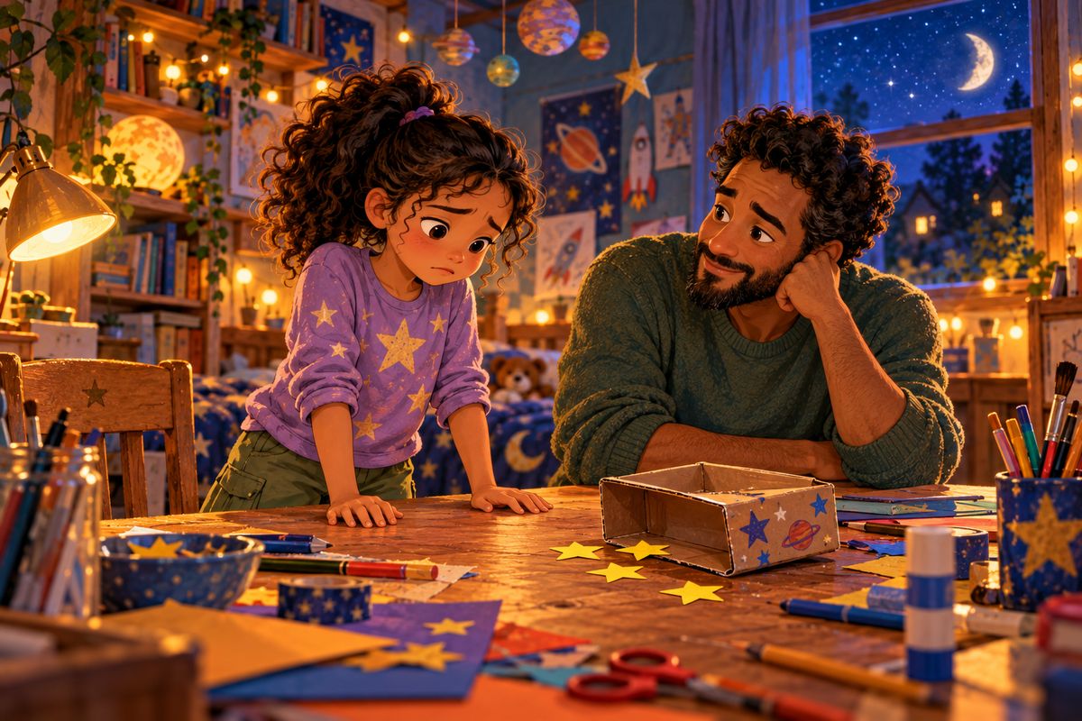 Maya and her father work together on a small cardboard spacecraft